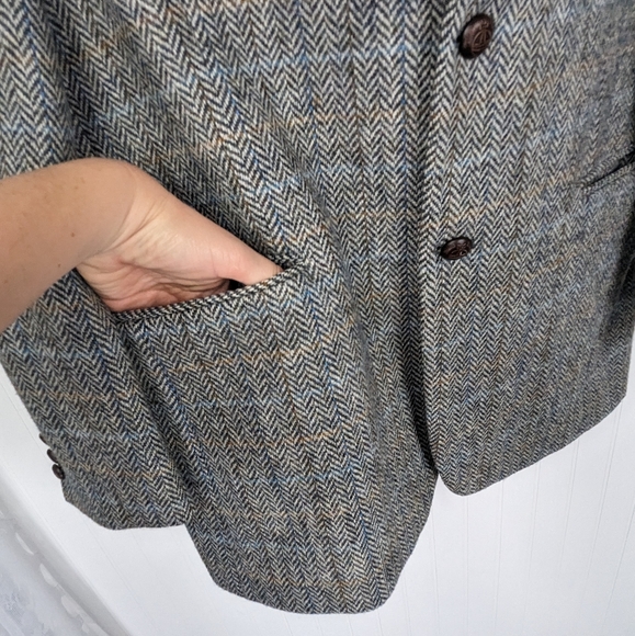 HARRIS TWEED Vintage Virgin Wool Herringbone Elbow Patch Blazer - Picture 7 of 14